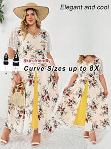 SHEIN CURVE+ فستان ماكسي قصير الأكمام طباعة وردية واسع الحجم للمرأة، مناسب للحفلات والزفاف والعطلات على الشاطئ، وارتداء الخريجين وحفلات الشاي، صيفي، ريفي، عطلة على الشاطئ