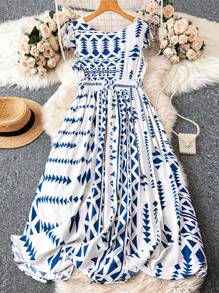 Breezaya Plus Size Women Fashionable V-Neck Handbag Slit Floral Print Dress