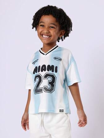 SUMWON Kids Athletic Sports Jersey T-Shirt Urban Streetwear Summer Casual Number Baseball Basketball Team Miami Stripes Varsity Youth Top