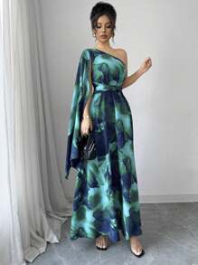 SHEIN PETITE Random Floral Print Wrapped One Shoulder Ruffle Belted Twist Flattering Maxi Dress, Fashionable Resort Style Fall Cloth For Women - Green - View 6