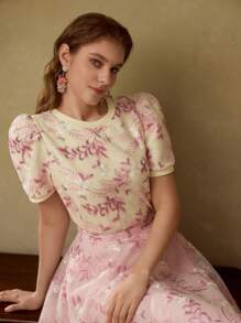 MOTF PREMIUM FLORAL EMBROIDERY PUFF SLEEVE KNIT TOP - Pink - View 6