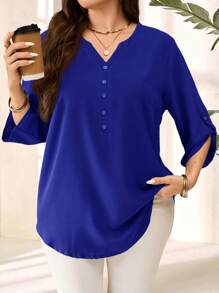 EMERY ROSE Women Plus Size Purple 3/4 Sleeve Shirt, Early Spring Fall - Royal Blue - View 2