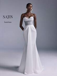 SHEIN Belle Elegant White Luxury Satin Handmade Beaded Waisted See-Through Sleeveless Symmetrical Pleated Fishtail Skirt Suitable For Wedding Holiday Party Bridal Gown Wedding Dress,Bride