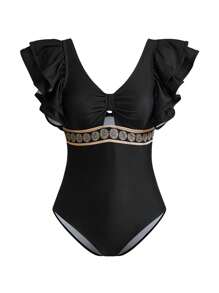 Swim Oasis SS2025 Women Spring/Summer Beachwear Set, Black Shell Pattern Ruffle One-Piece Swimsuit + Short Skirt Cover Up - Multicolor - View 8