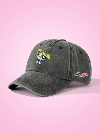 THE POWERPUFF GIRLS X SHEIN Casquette de baseball grise avec lettres graphiques et broderie de bulles sur le côté