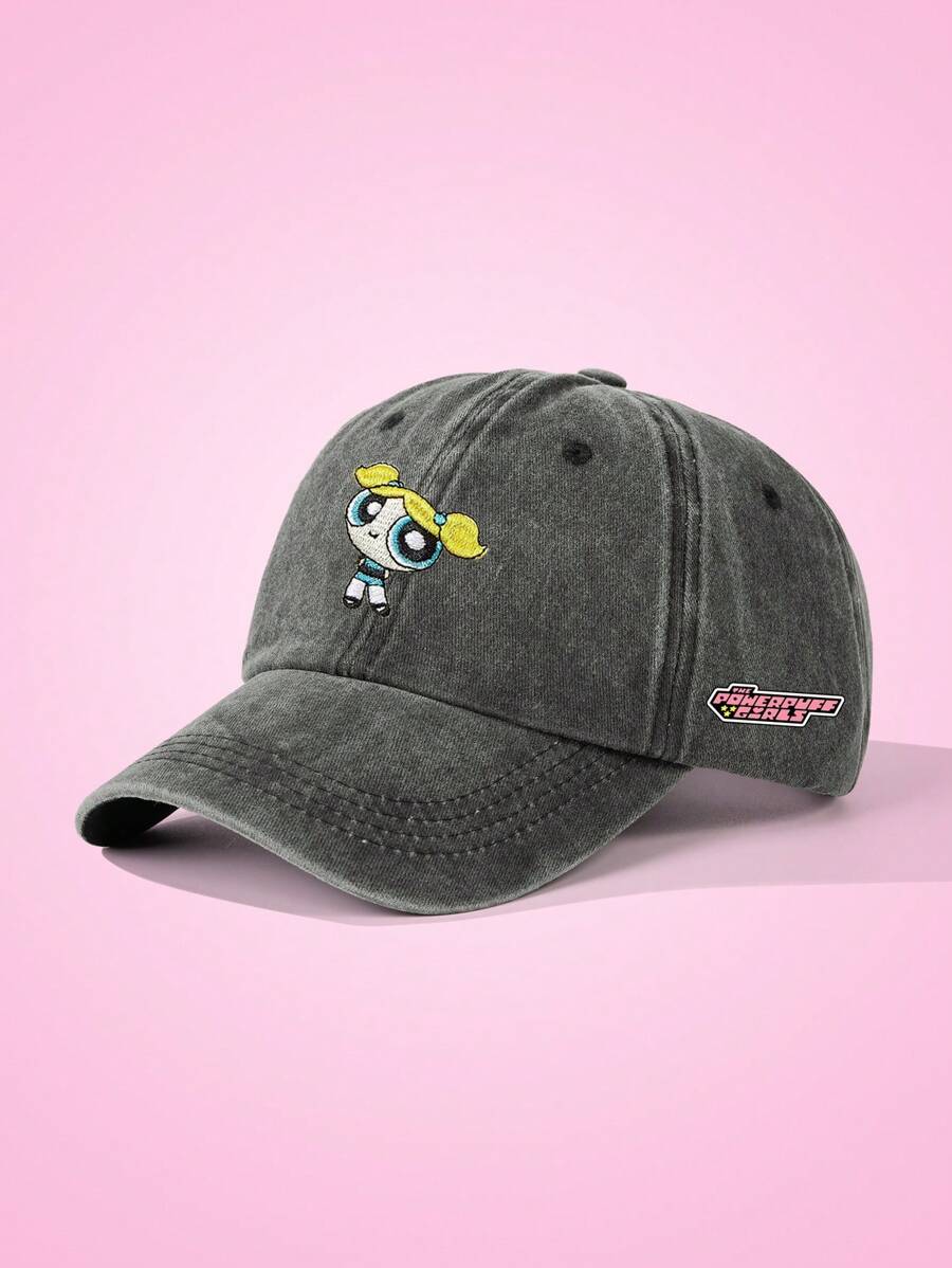 THE POWERPUFF GIRLS X SHEIN Mũ bóng chày màu xám thêu chữ bên hông có đồ họa bong bóng - màu đen - Xem 1