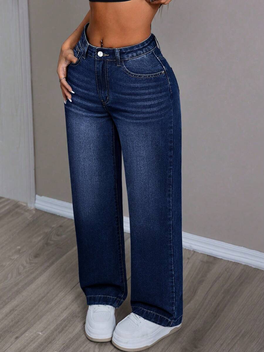 SHEIN PETITE Quần Jeans Denim Thời Trang Thường Ngày Màu Xanh Trang Trí Túi Cho Nữ, Mùa Hè - Màu xanh lam - Xem 1