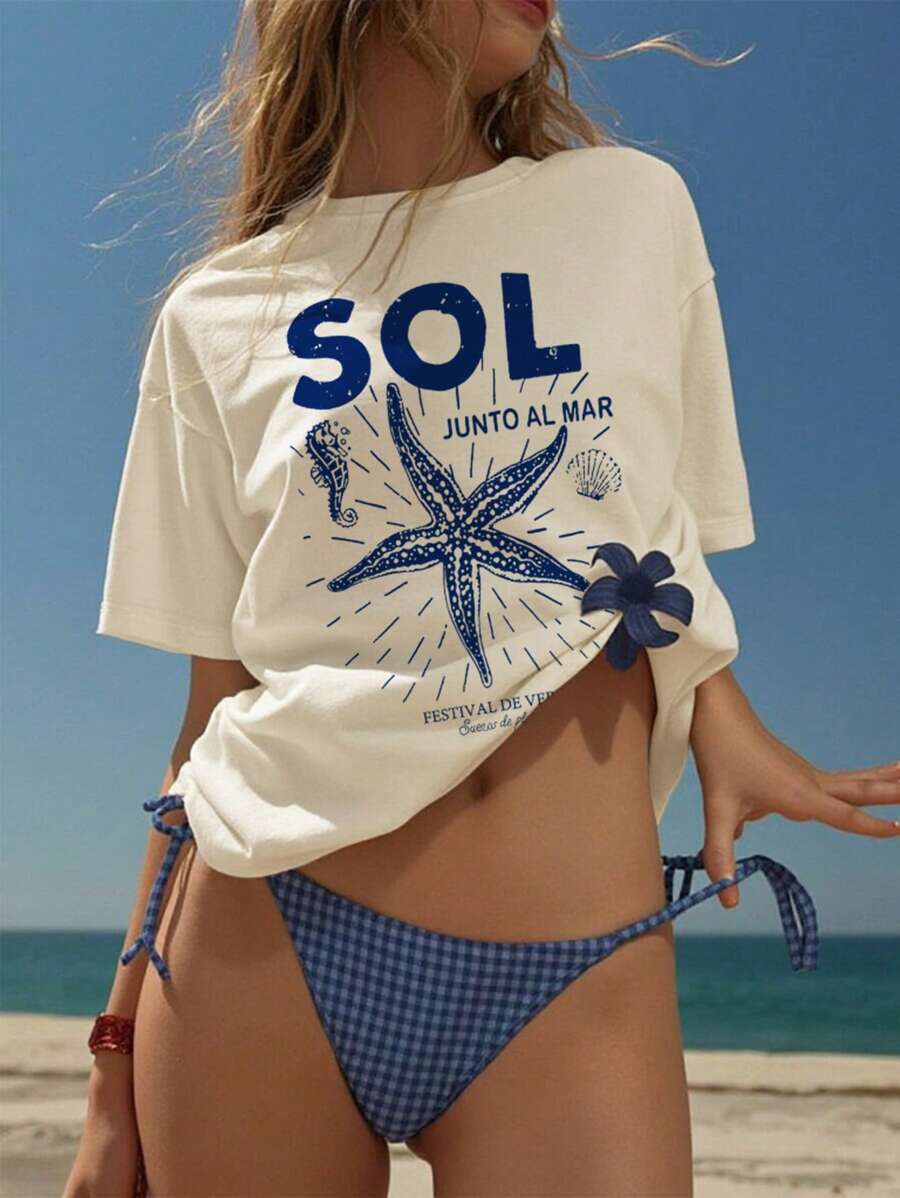 Sundraya Women Apricot Starfish Print Loose Casual Vacation Round Neck Short Sleeve Top - Apricot - View 1