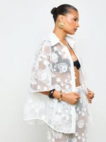 AiiRZ 夏季海滩度假网眼贴花纽扣式泳衣罩衫长款假日沙滩装透明上衣 - 白色 - 查看 4
