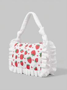 ROMWE Kawaii Cute Strawberry Pattern Lace Decor Large Capacity Portable Pillow Handbag, Women Shoulder Bag, White - Multicolor - View 4