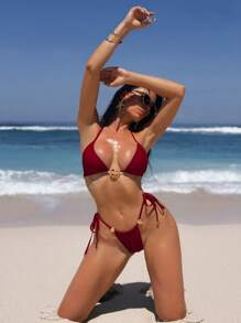 Swim SXY Red Triangle Top And Bottom Women's Red Bikini Swimsuit Set With Metal Accents, Vacation Style For Summer , Beach - Red - View 4