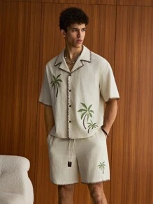 SWAVVY 2pcs/Set Men's Fashionable Casual Daily Woven Loose Fit Short Sleeve Shirt And Drawstring Waist Straight Leg Shorts Set