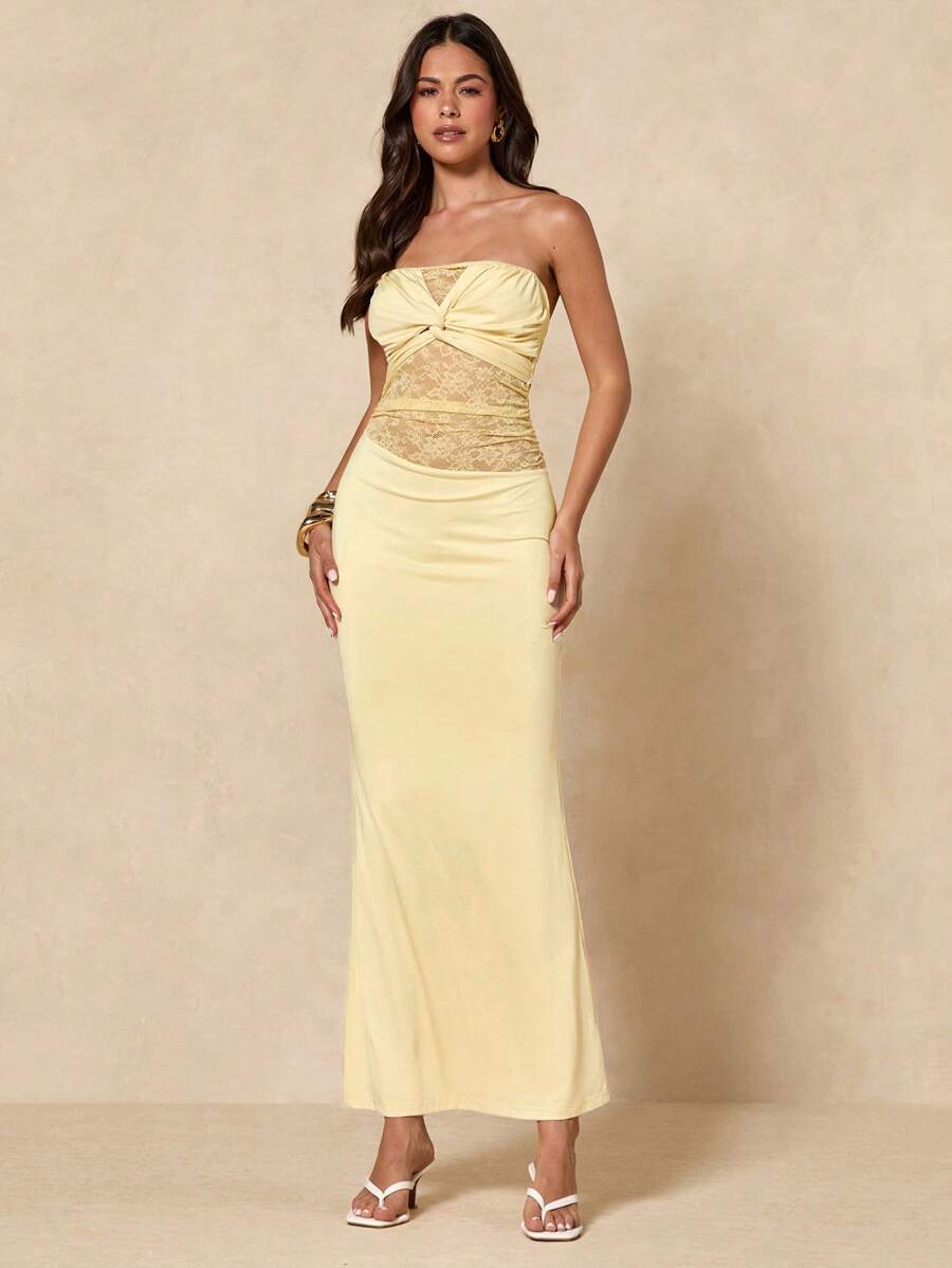 SHEIN BAE Váy bó sát hở lưng ren xoắn phía trước màu vàng nhạt mùa hè cho nữ, thích hợp cho kỳ nghỉ, hẹn hò, tiệc, tiệc tùng, sự kiện, tụ họp chị em - Màu vàng - Xem 1