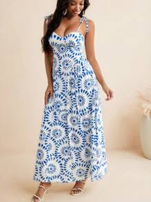 Kiitan Luxe Robe longue femme à ligne évasée avec imprimé floral éclat bleu et bretelles en nœud, idéale pour l'été et les vacances