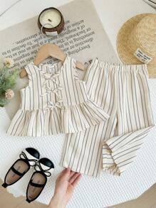 LMoss Kids LMoss 2pcs Baby Girl Woven Striped Top And Loose Casual Pants Set Toddler Girls Two Pieces Set Toddler Linen Set Girls Two Pieces Outfits Toddler Striped Set 2 Pieces Toddler Set - Multicolor - View 5