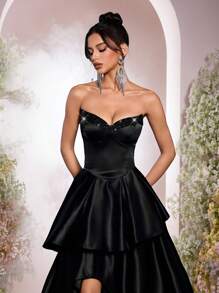 Glamrae Elegantes und wunderschönes Kleid mit schwarzen Pailletten-Nähten, luxuriöser Satin mit Baumwoll-Büstenträger, strapazlose I-förmige Faltenapplikation mit Seitenschlitzen und extra großem Schleppbesatz, geeignet für Dating-Partys, Junggesellinnenabschiede, Urlaub und formelle Abendessen-Anlässe, Abendkleid, Ballkleid, für Abende, Hochzeitsgäste