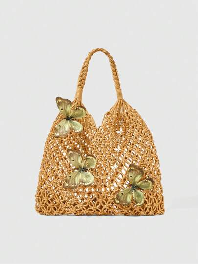Fairycore 1 Set Khaki 3pcs Crochet Butterfly Beach Tote Bag & Accessories, Personalized Fashion Beach Resort Style Women Tote Bag (Includes 1 Bag And 1 Set Of Accessories)