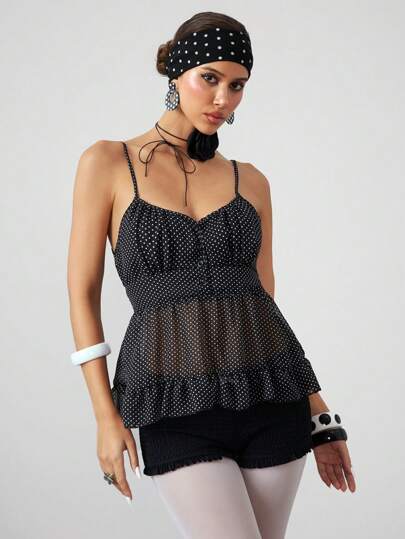 ROMWE Avant Top sin mangas de gasa con lunares estilo vintage de la siciliana