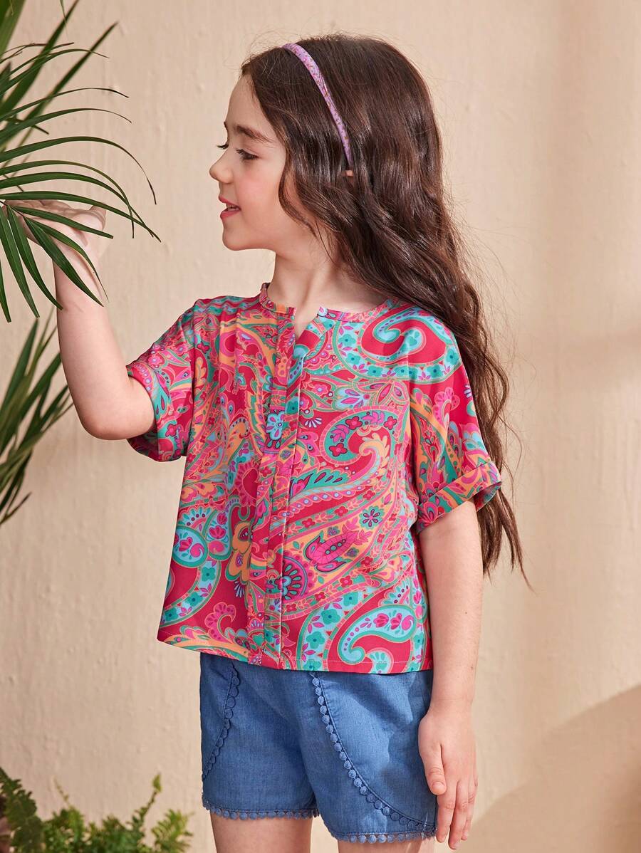 Young Girl Ditsy Floral Pattern Collage Casual Blouse - Hot Pink - View 1