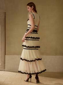 MOTF PREMIUM BLACK & WHITE CONTRAST LACE PATCHWORK ELEGANT CAKE DRESS - Apricot - View 3