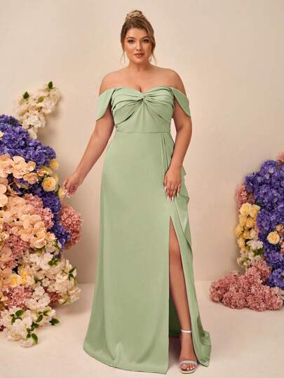 SHEIN Belle Plus Size Elegant Minimalist Romantic Off Shoulder Twist Knot Ruffle Hem Slit A-Line Long Bridesmaid Dress