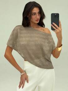Aloruh Blusa feminina elegante com decote assimétrico e manga curta
