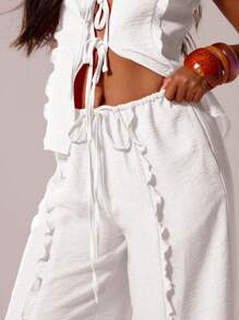 MUSERA Drawstring Waist Linen Look Frill Trim Wide Leg Casual Trousers Ibiza Sexy Vacation Holiday Summer Festival Beachwear Romantic Elegant Birthday Wedding Guest Airport    Office Party   Pants Spring - White - View 6