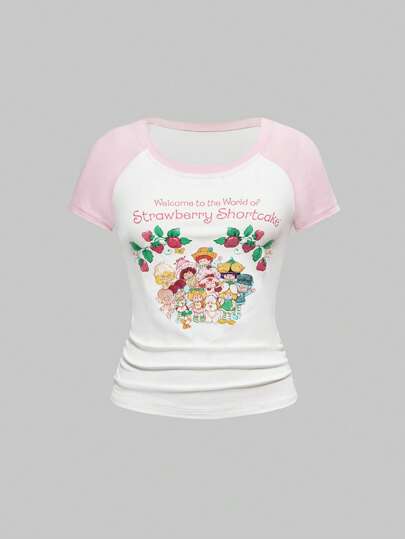 Women's Colorblock Letter & Cartoon Pattern Round Neck Short Sleeve T-Shirt