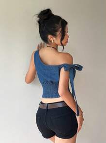 SHEIN Essnce 女士休闲修身不对称肩部牛仔上衣，蓝色，夏季，母亲节，7 月 4 日，毕业典礼，早午餐/海滩 - 藍色 - 查看 4