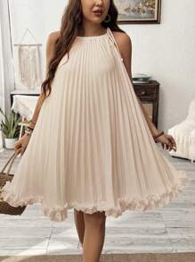 SHEIN Unity Women Plus Size Solid Color Elegant Pleated & Ruffle Hem Tie Waist Dress - Apricot - View 6