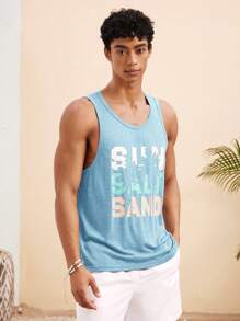 Manfinity VCAY Men's Lightweight Knitted Casual Beach/Vacation Hawaiian Coconut Tree & Letter Print Surfing Vest Beachwear, Summer