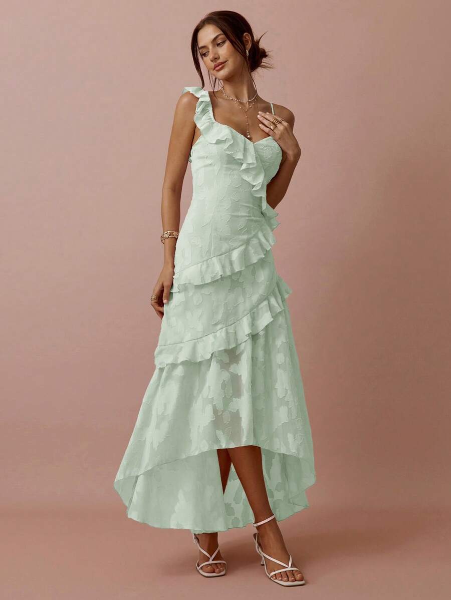 Enchnt Vestido de mujer con hombro asimétrico de volantes y bajo asimétrico de unicolor - verde menta - Ver 1