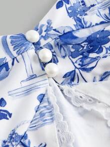 SHEIN MOD Damen Vintage Blau & Weiß Blumen Figurbetontes Trägerhemd - Blau-Weiß - Übersicht 4
