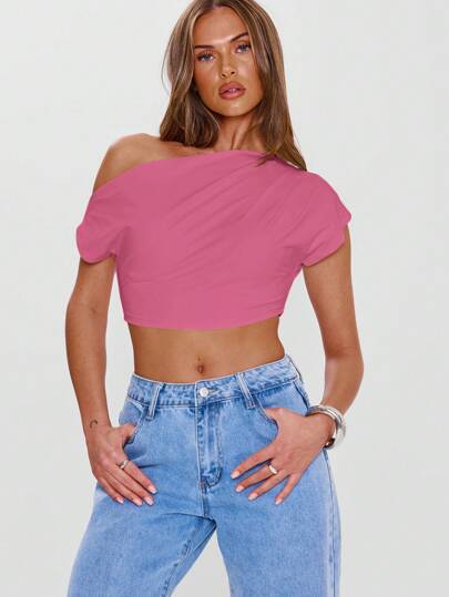 MUSERA Asymmetrical Neck Cropped Draped Ruched Fitted Top Only Sexy Ibiza Fits Spring Summer Vacation Beach 90's Y2k Holiday Summer Cute Summer Tops Sexy Club Festival Asymmetrical Shoulder Tops Fall