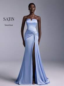 Elitara 优雅浅蓝色缎面露肩不对称 V 领扭曲鱼尾侧高开叉迷人垂坠尾部正式晚礼服、婚礼宾客礼服、派对礼服 - 淺藍色 - 查看 8