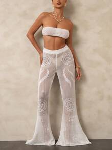 Swim Chiccia Conjunto de 2 piezas para verano: top corto calado de unicolor sin espalda y pantalones acampanados de talle alto tipo pareo para cubrir el traje de baño - Blanco - Ver 3