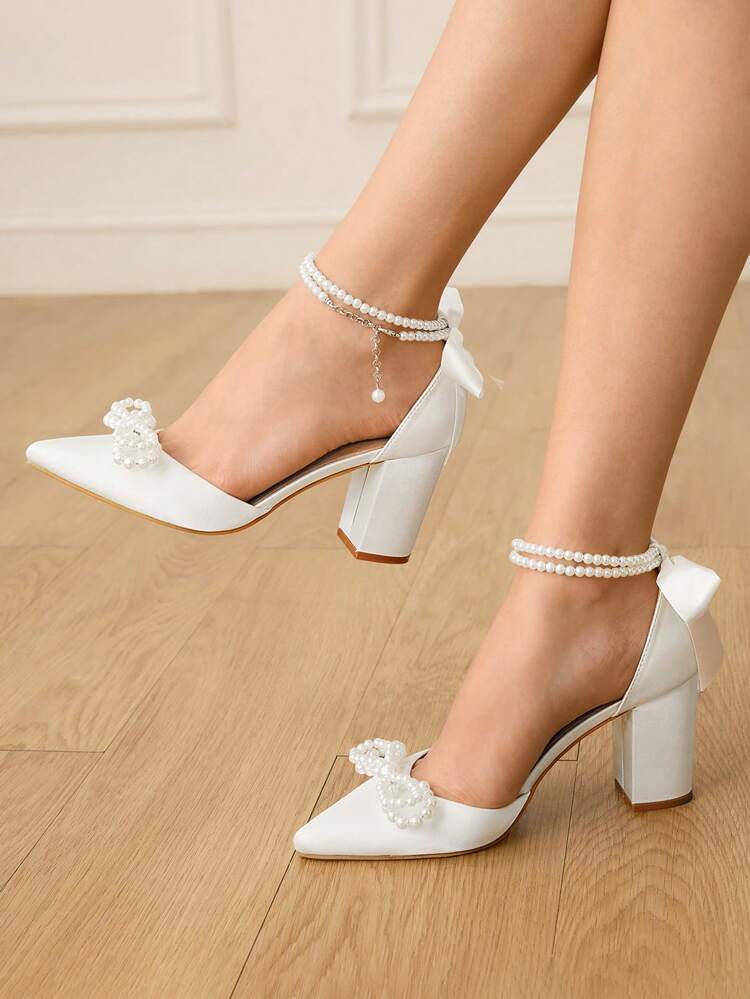 CUCCOO HITCHD Women's Faux Pearl Bow Knot Pointed Toe Chunky High Heel Wedding Elegant Sweet White Satin Lady's Bridal High Heels, Wedding Party Bride Shoes For Christmas Elegant Shoes Wedding Shoes Summer Shoes Bride Shoes