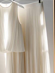 Franclia 2025 加大码女式优雅日常褶皱设计纯色搭配两件套服装，时尚百搭 - 杏色 - 查看 3