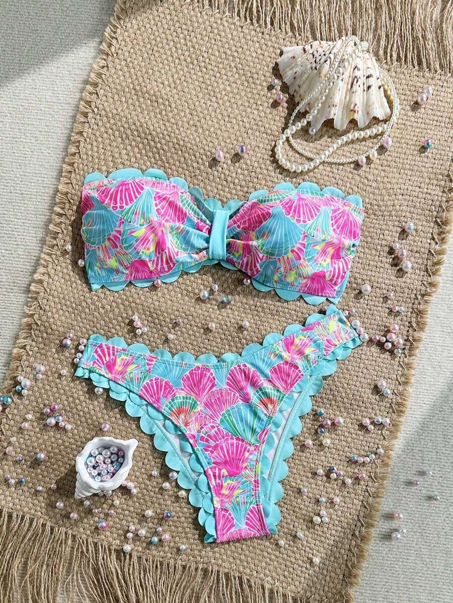 Swim Vcay 2025新款女士2件套随机全身印花荷叶边抹胸文胸和泳裤沙滩度假性感比基尼套装 - 彩色 - 查看 1