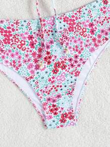 SHEIN Swim Women's Summer Beach Vacation New Cute Strapless Ruffled Ditsy Floral Patterned Bikini Set Set With Delicate Pearl Pendant & Drawstring Tie - Multicolor - View 5