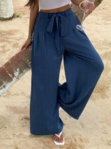 DAZY Women's Summer Wide Leg Loose Casual Tie-Waist Pants - Blue - View 5