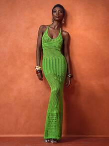 Zivah 2025新款夏季休闲度假沙滩裙日常约会海滩派对挂脖吊带深V领性感包臀裙长裙绿色钩针裙女毛衣裙