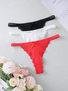 SHEIN Set de 3 piezas de tangas de encaje de mujer con lazo decorativo, de unicolor y sexy, en talla estándar