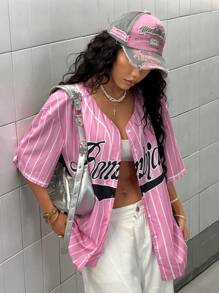 StreetHx Women Street Sporty Print Short Sleeve Shirt, Summer