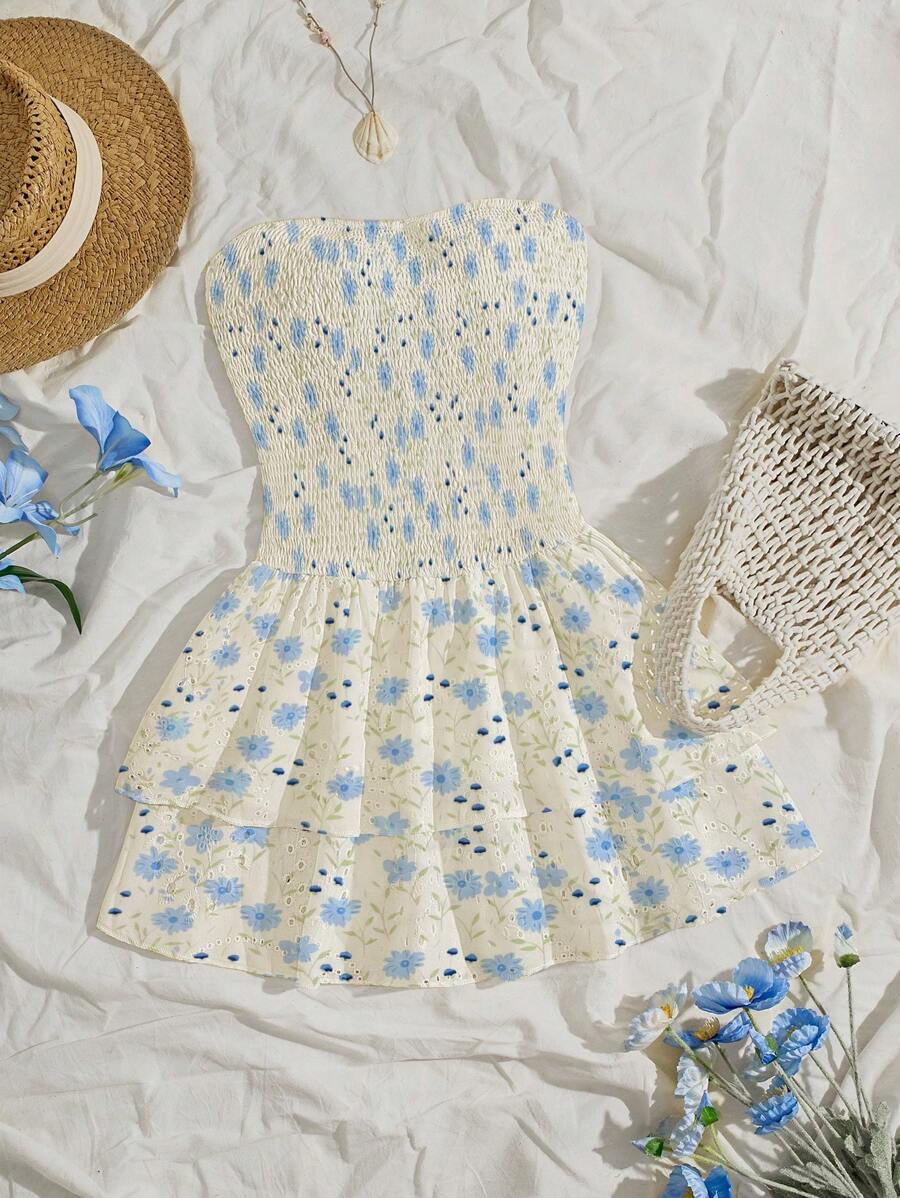 SHEIN Unity 度假风海军蓝褶皱无袖紧身胸衣性感腰部镂空刺绣荷叶边下摆优雅连衣裙 - 彩色 - 查看 1