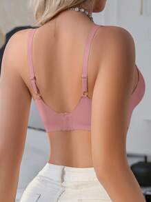 1pc Seamless Mesh Splice Solid Wave Hem Adjustable Wireless Removable Padded Bra For Women - Baby Pink - View 2