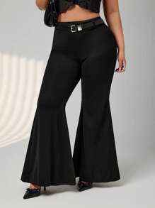 SHEIN ICON Damen Lässig Hose mit ausgestelltem Bein in Schwarz, Große Größen, vielseitig einsetzbar und figurbetont - Schwarz - Übersicht 1