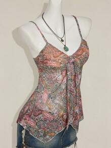 SHEIN ICON Y2k Style d'été vintage hippie occidental boho, robe femme nonchalante d'été pour les vacances, style imprimé cachemire, buste froncé, ourlet asymétrique, cache-cœur en mesh - Multicolore - Voir 5