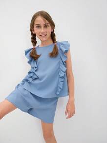 Tween Girl Casual Comfortabel Ronde Hals Ruffle Shirt en Shorts 2-delige Set