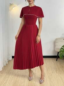 Modelyn 2pcs Set Elegant Pearl Embellished Cape & Asymmetrical Hem Sleeveless Bodycon Midi Dress - Red - View 3